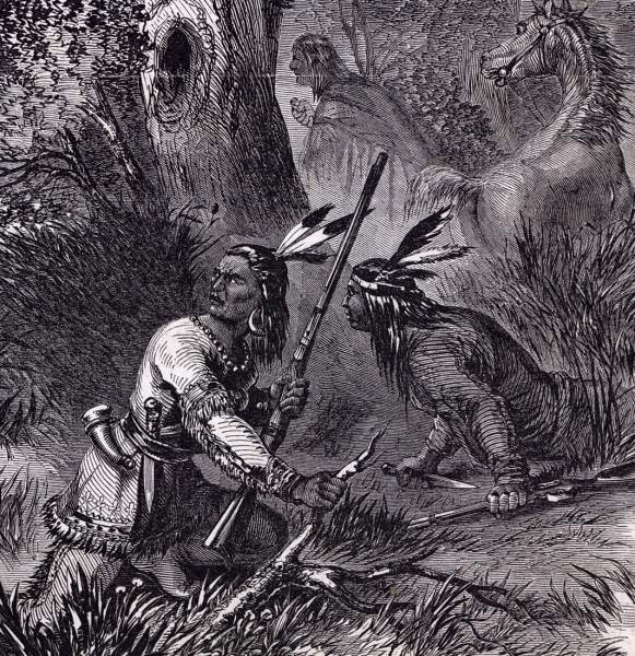 Incident between white settlers and Native Americans near German Lake, Minnesota, July 1863, artist's impression, further detail