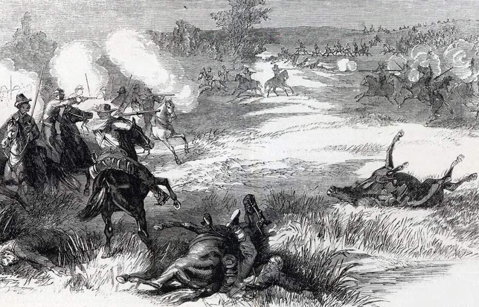 United States Militia engaging Native American Plains Indian hostiles, August 1864, artist's impression, detail