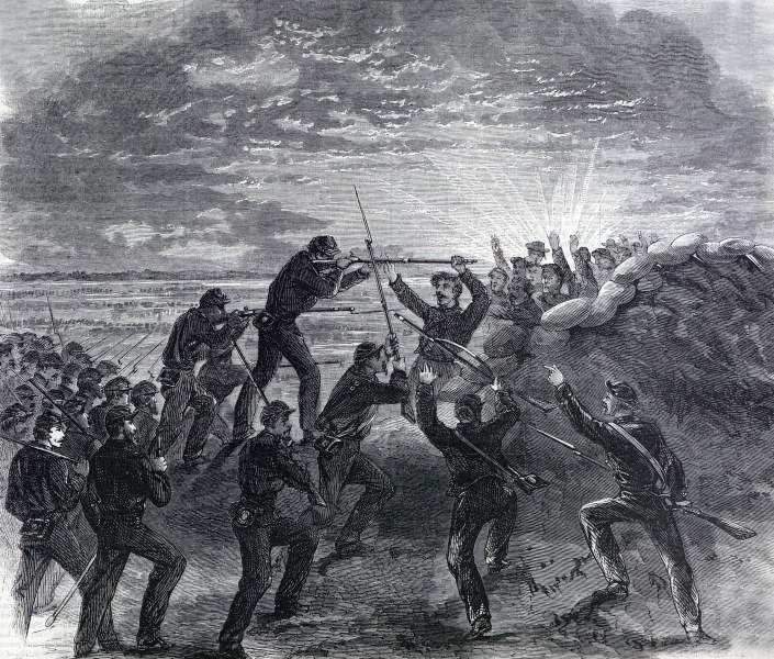 Union infantry assault on the rifle pits before Fort Wagner, August 26, 1863, artist's impression, zoomable image