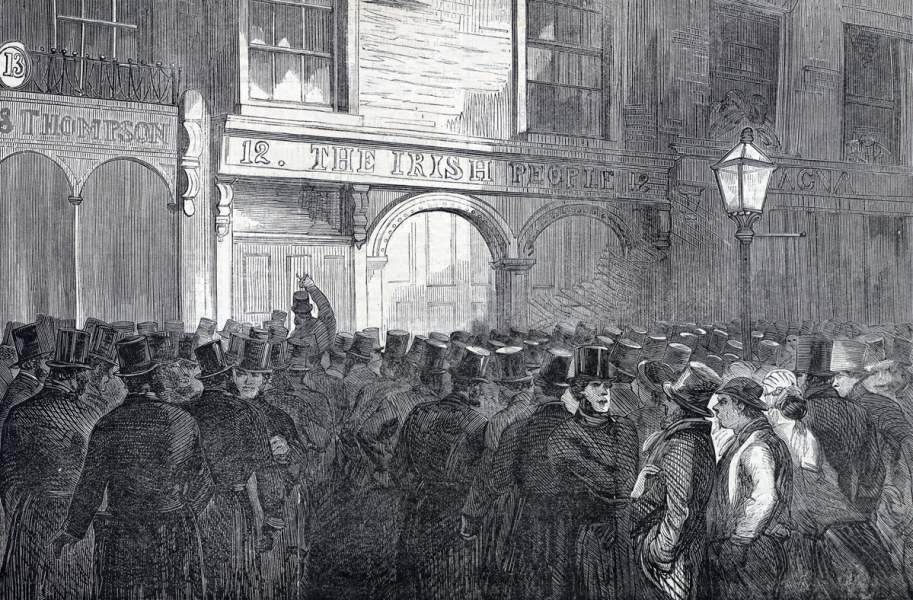 The Closing of the "Irish People" newspaper offices in Dublin, Ireland, September 15, 1865, artist's impression