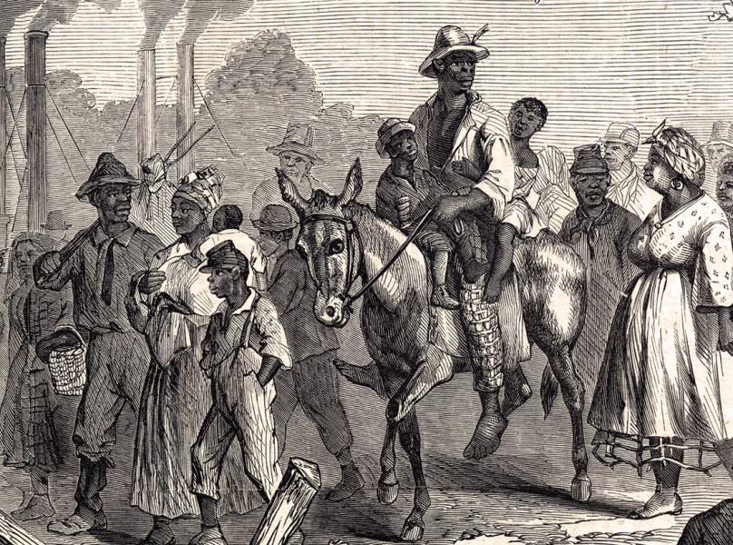 Freed slaves from Jefferson Davis's Brierfield Plantation reaching Union lines, June 1863, artist's impression, further detail