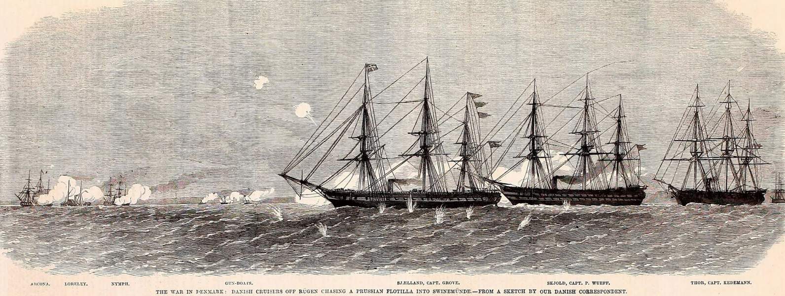 Danish naval units pursue Prussian ships at the Battle of Jasmund, March 17, 1864, artist's impression, zoomable image