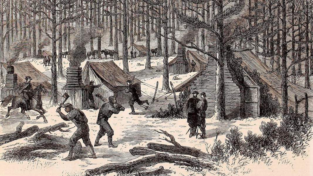 General J.E.B. Stuart's winter headquarters, Rapidan River, Virginia, January 1864, British artist's impression, zoomable image
