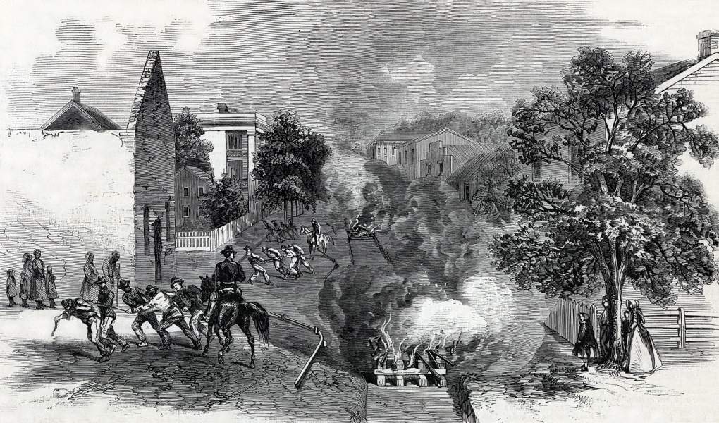 Destruction of the Macon Railway by Union Infantry, Jonesboro, Georgia, September 1864, artist's impression, zoomable image