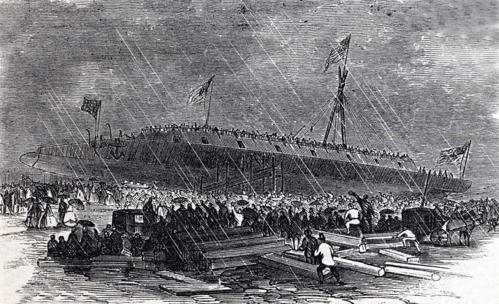 Launch of the U.S.S. Dunderburg ironclad, East River, New York City, July 22, 1865, artist's impression