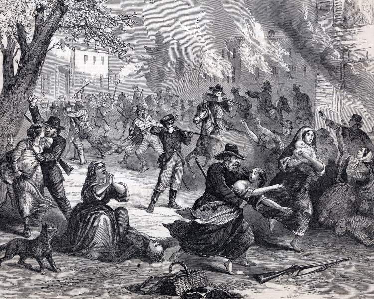 Confederate raiders attack Lawrence, Kansas, August 21, 1863, artist's impression, zoomable image