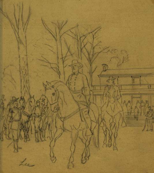 General Robert E. Lee departing the McLean House after his surrender, sketch by Alfred Waud, April 9, 1865, zoomable image
