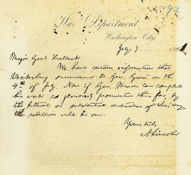 Note from Abraham Lincoln to Major General Henry Wager Halleck, July 7, 1863