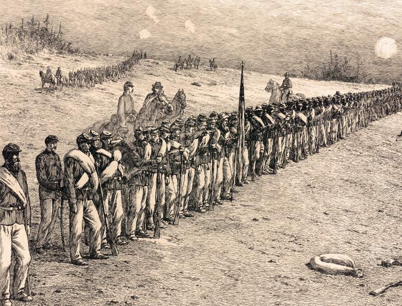 "A Halt in Line of Battle," Edwin Forbes, copper plate etching, 1876, detail, zoomable image