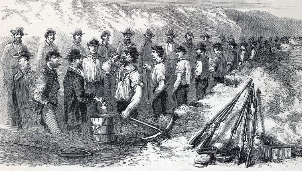 Issuing the Liquor Ration, Union trenches before Petersburg, Virginia, October 1864, artist's impression, zoomable image