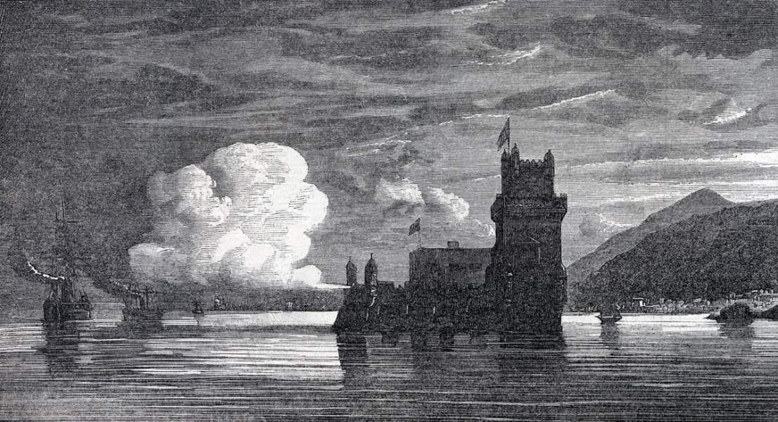 Portuguese harbor defenses firing on United States Navy warships, March 28, 1865, artist's impression