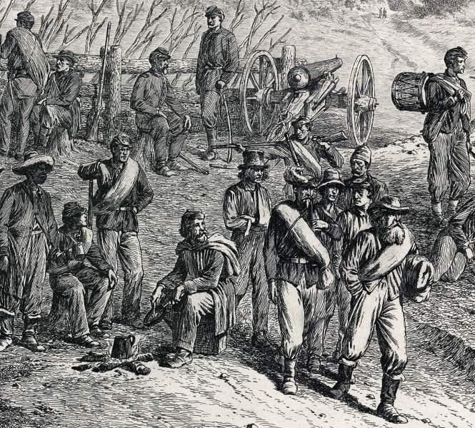 "A Lull in the Fight," Edwin Forbes, copper plate etching, 1876, detail