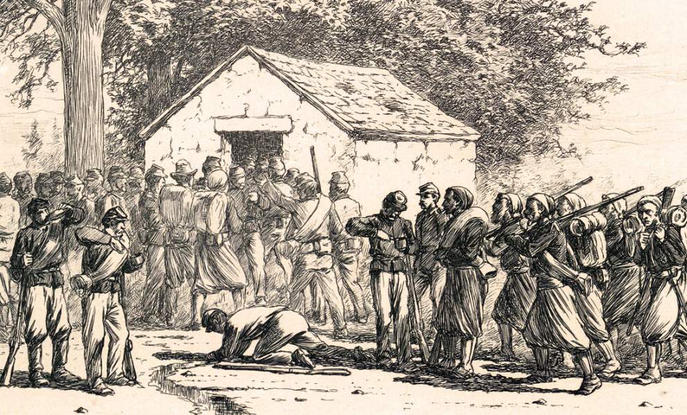 "A Thirsty Crowd at the Old Spring House," Edwin Forbes, copper plate etching, 1876, detail