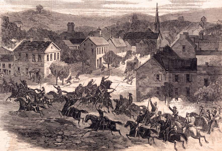 John Hunt Morgan's Confederate raiders skirmishing through Washington, Ohio, July 24, 1863, artist's impression, zoomable image