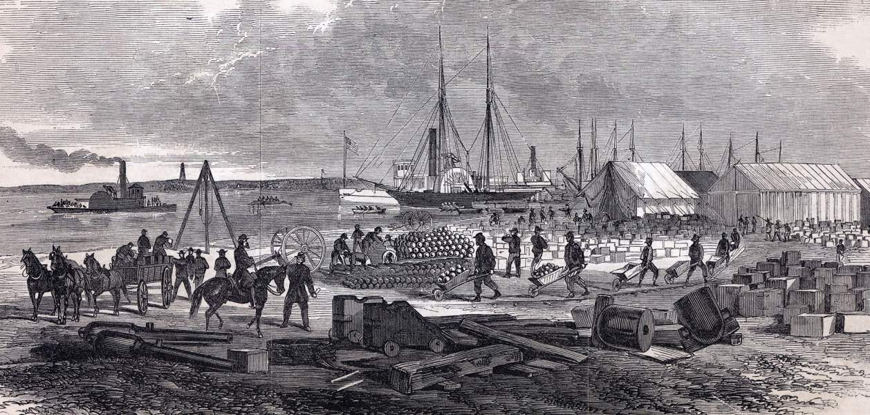 Union Army Ordnance Depot, Morris Island, Charleston Harbor, August, 1863, artist's impression, zoomable image