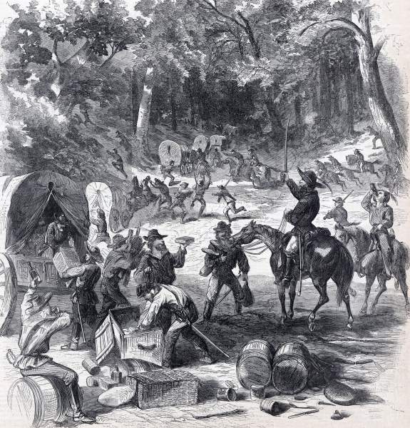 Mosby's Confederate Cavalry ransacking captured Union supply wagons, Virginia, summer 1865, artist's impression, zoomable image
