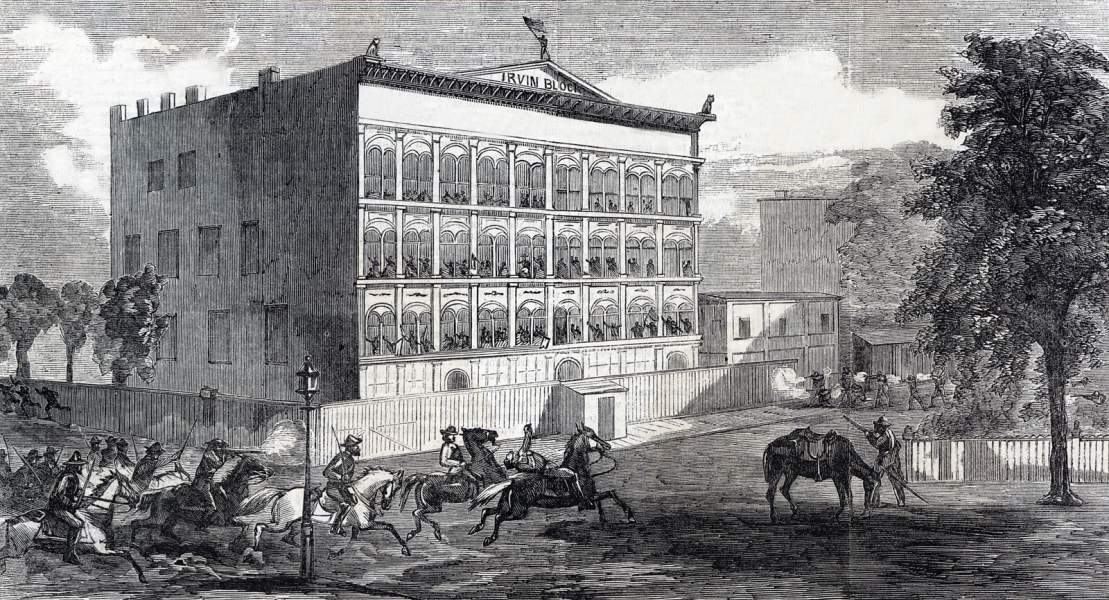 Confederate raiders fighting in the streets of Memphis, Tennessee, August 21, 1864, artist's impression, zoomable image