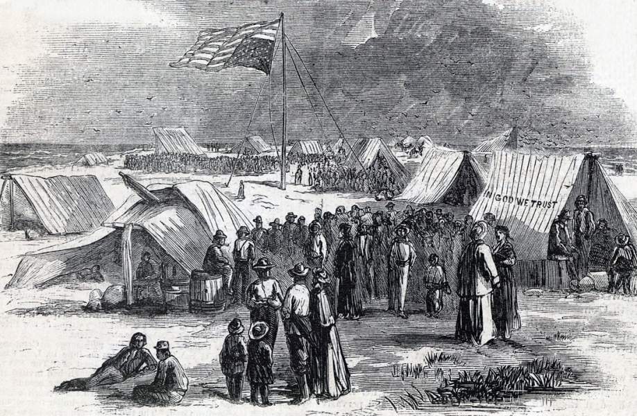 Survivors of the wreck of the steamer "Golden Rule," on Caribbean coral island of El Roncador, May 1865, artist's impression