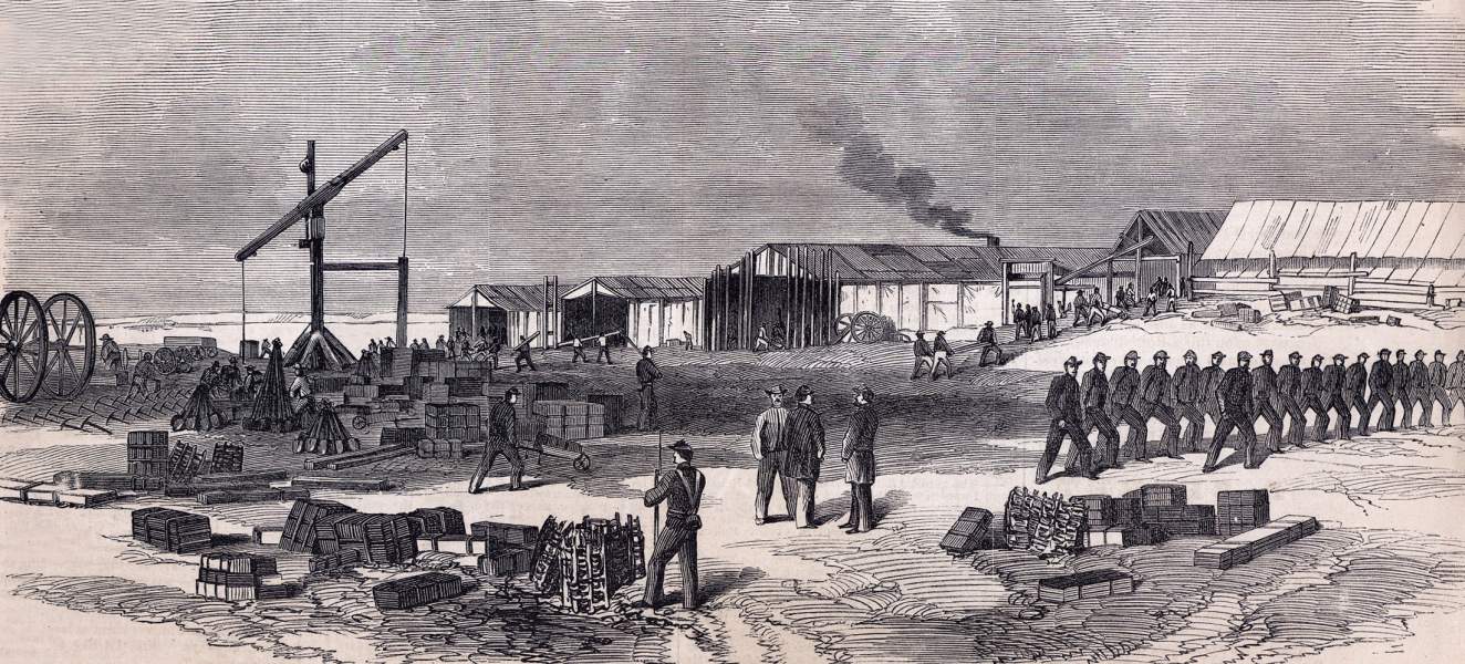 Union Army Engineering Depot, Morris Island, Charleston Harbor, August, 1863, artist's impression, zoomable image