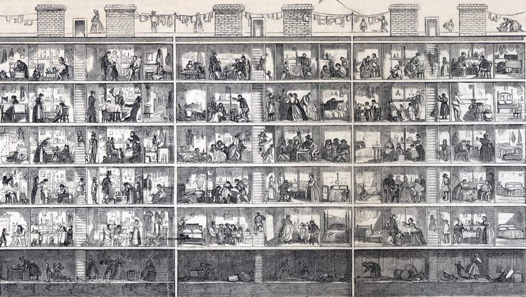 Tenement Building, 38 Cherry Street, New York City, sectional view, July 1865, artist's impression, detail.