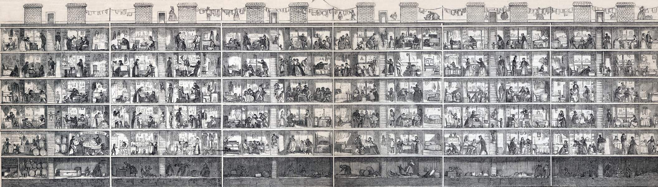 Tenement Building, 38 Cherry Street, New York City, sectional view, July 1865, artist's impression, zoomable image.