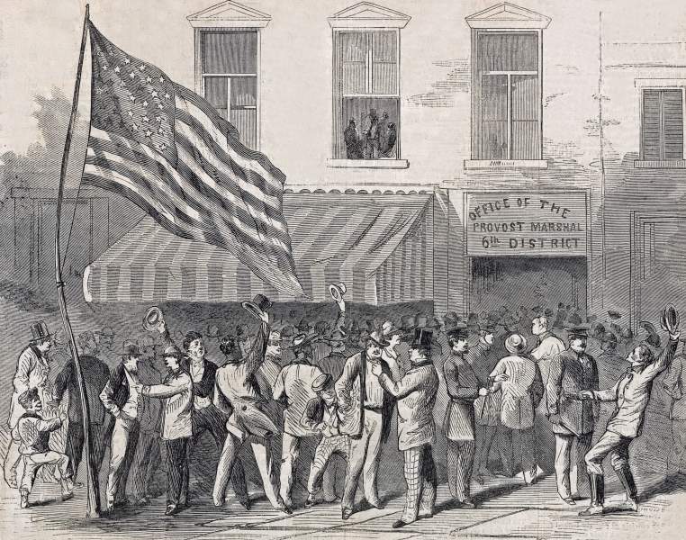 Scene outside the Provost Marshals's Office in New York City, August 19, 1863, artist's impression, zoomable image