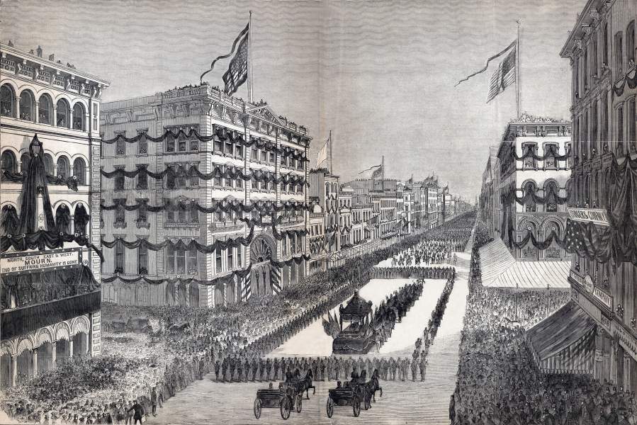 President Lincoln's Funeral Procession on Broadway, New York City, April 25, 1865, artist's impression, zoomable image