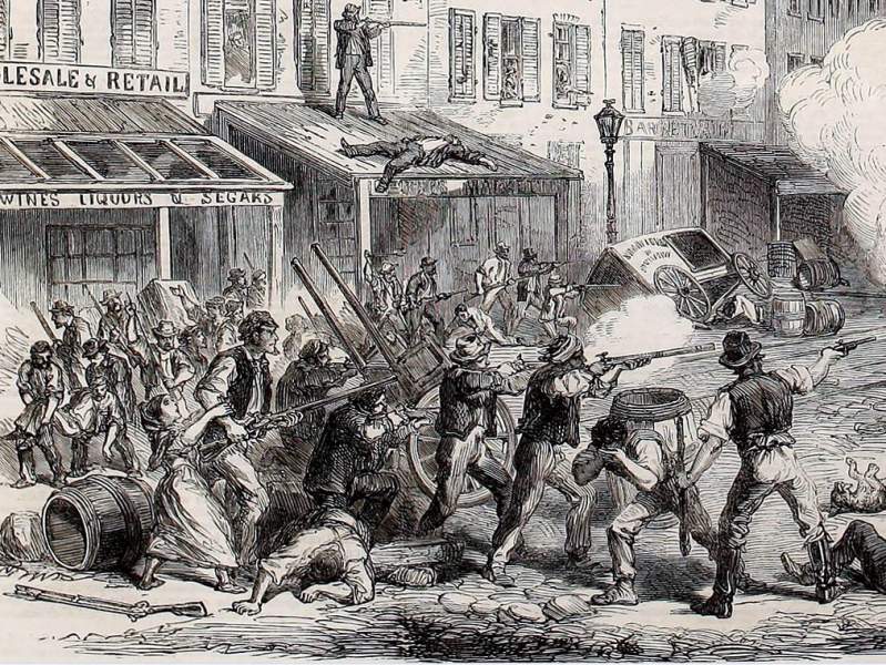 Rioters clashing with Army and Militia Units, First Avenue, New York City, July 13, 1863, British artist's impression, detail