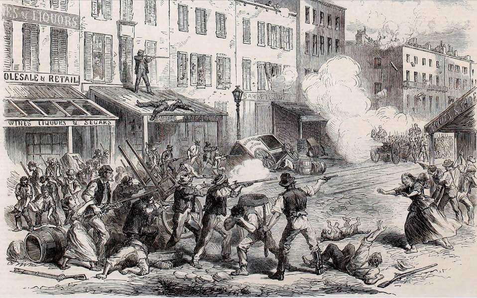 Rioters clashing with Army and Militia Units, New York City, July 13, 1863, British artist's impression, zoomable image