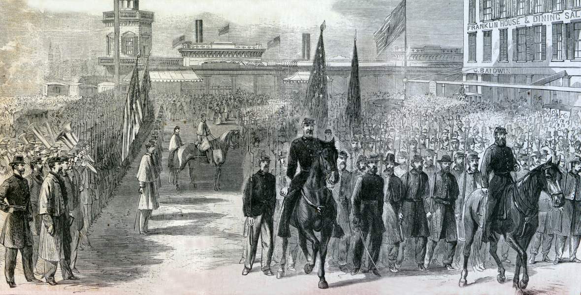 Ninetieth New York Veteran Volunteers return home, Brooklyn, New York, February 16, 1866, artist's impression, zoomable image