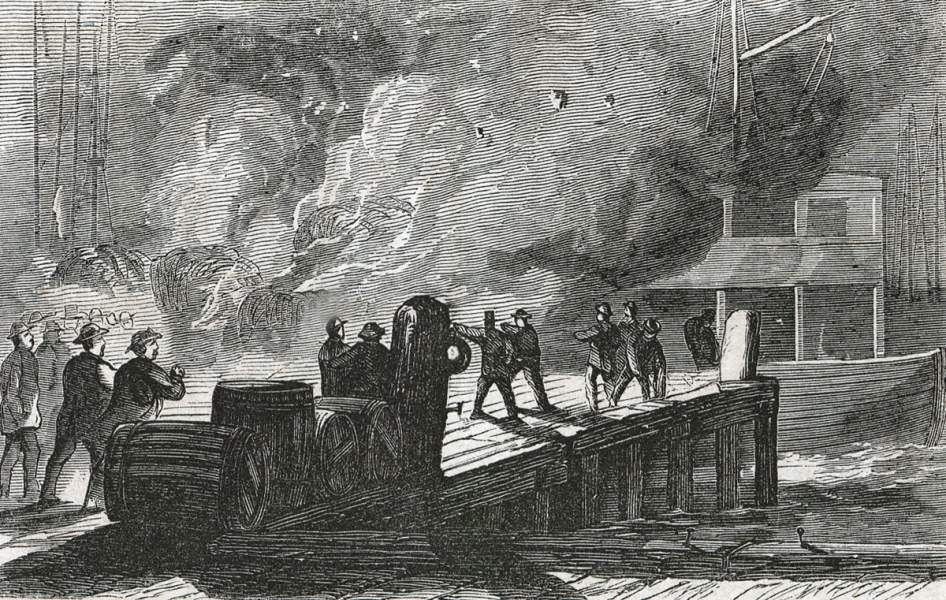 River barges fired by Confederate agents, New York City, November 25, 1864, artist's impression