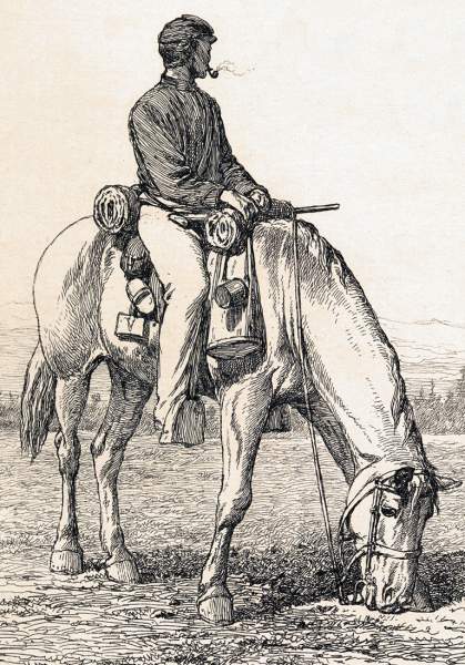 "A Quiet Nibble on the Cavalry Skirmish Lines," Edwin Forbes, copper plate etching, 1876