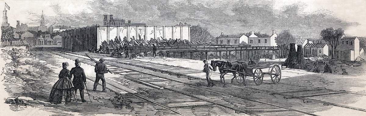 Ruins after destructive fire in Nashville, Tennessee, June 9, 1865, artist's impression