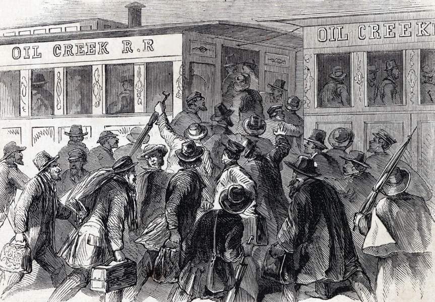 The rush to the oil drilling fields of Pennsylvania, January 1865, artist's impression