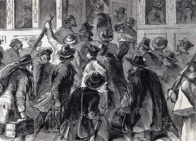 The rush to the oil drilling fields of Pennsylvania, January 1865, artist's impression, detail