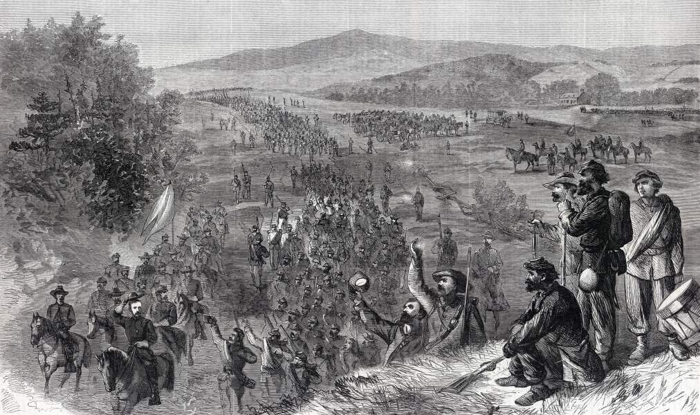 The Union Army on the march in the Shenandoah Valley of Virginia, October, 1864, artist's impression, zoomable image