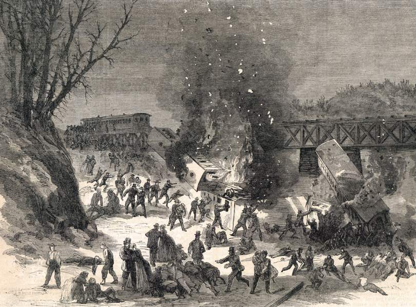 Train crash near Birmingham, Pennsylvania, January 14, 1864, artist's impression