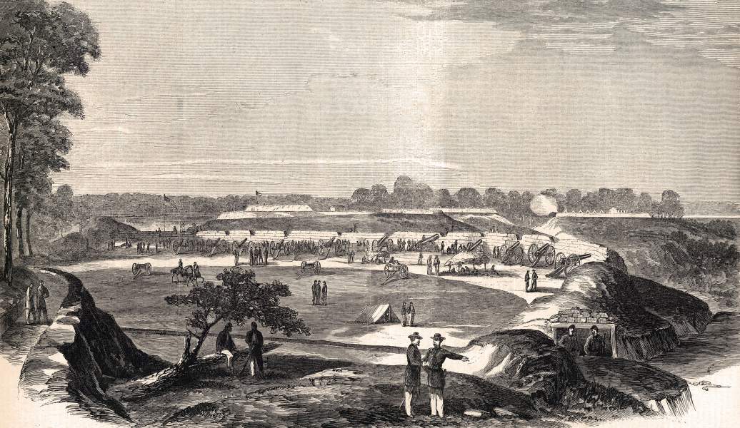 The Great River Battery besieging Port Hudson, Louisiana, June 1863, artist's impression, zoomable image