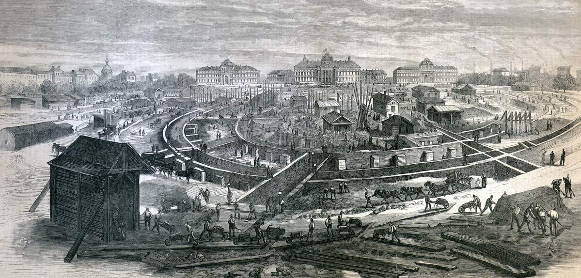 Building site of the 1867 Great Exhibition, Paris France, April 1866, artist's impression