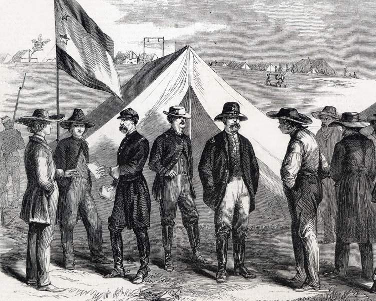Loyal Dunkard pacifists receiving passes to go North, Harrisonburg, Virginia, October 2, 1864, artist's impression, detail