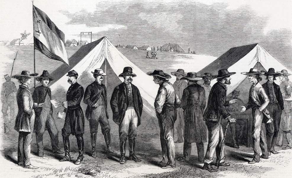 Loyal Dunkard pacifists receiving passes to go North, Harrisonburg, Virginia, October 1864, artist's impression, zoomable image