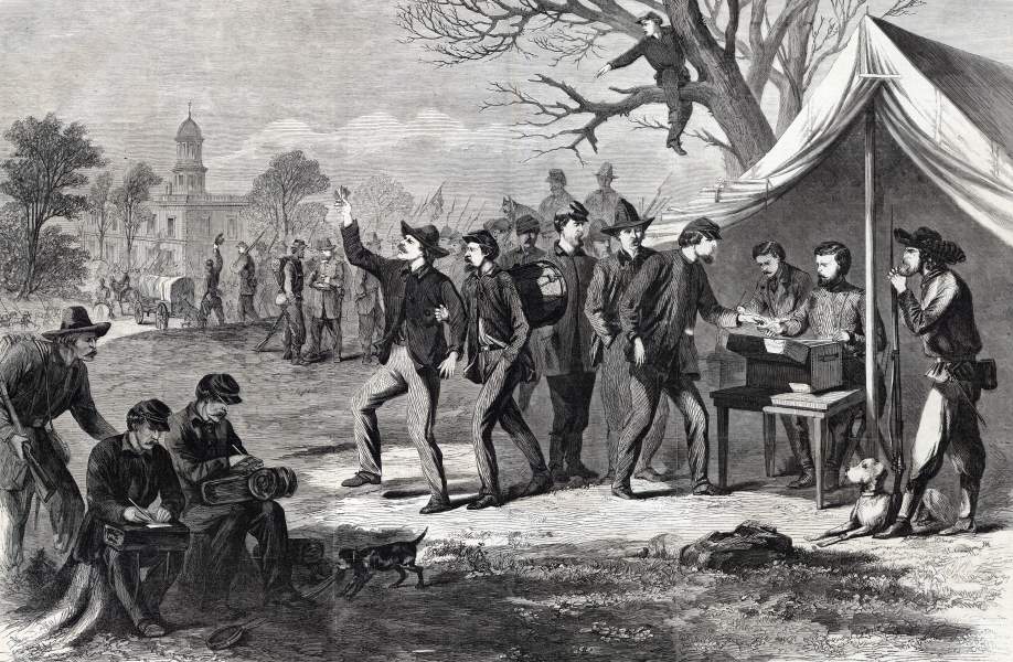 Pay Day, Sherman's Army, Atlanta, Georgia, 1864, artist's impression, zoomable image