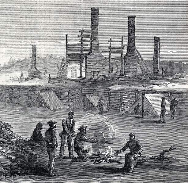 Destroyed home of Colonel Pegram, C.S.A, Siege of Petersburg, Virginia, November 1864, artist's impression, detail