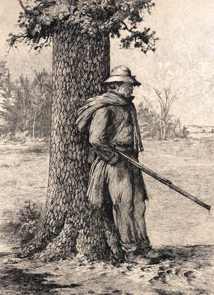 "A Rainy Day on Picket," Edwin Forbes, copper plate etching, 1876, zoomable image