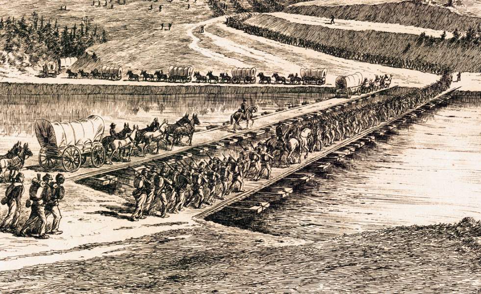 "The Pontoon Bridges," Edwin Forbes, copper plate etching, 1876, detail