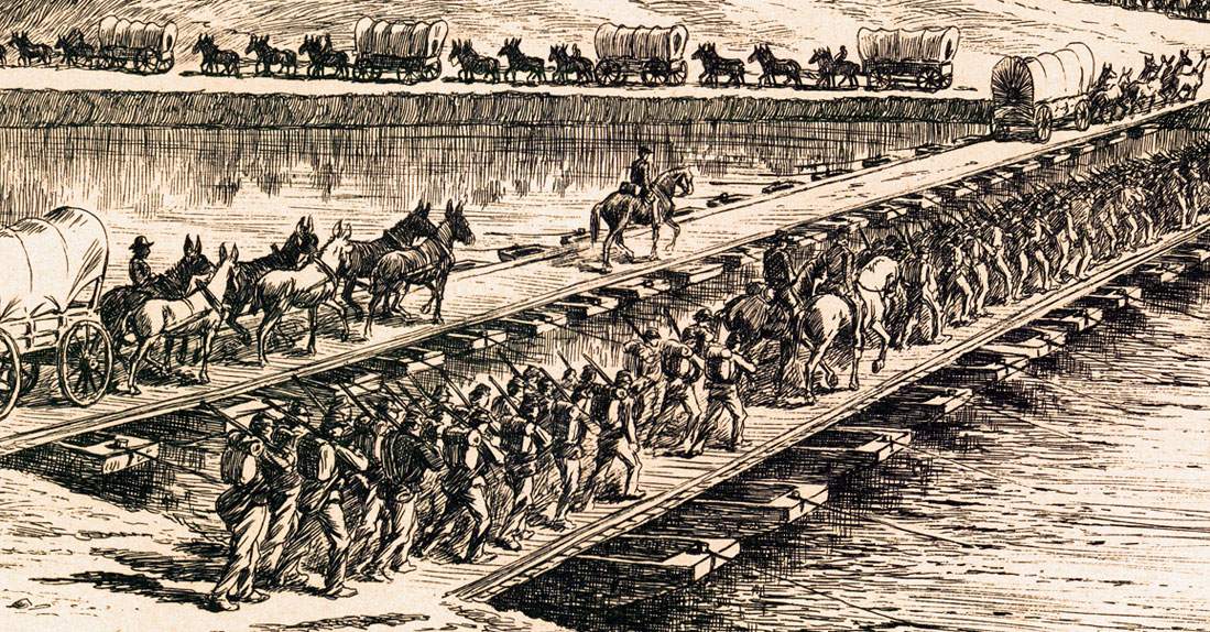 "The Pontoon Bridges," Edwin Forbes, copper plate etching, 1876, further detail