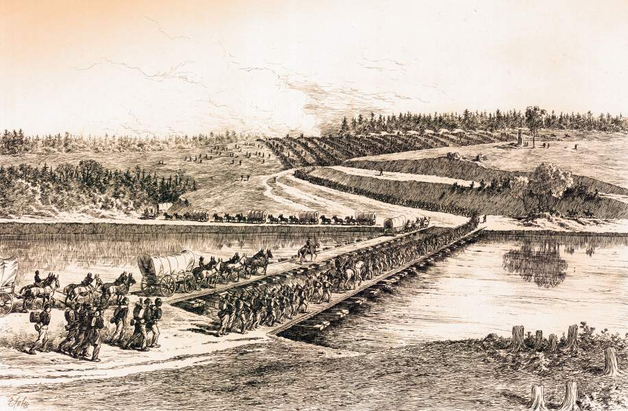 "The Pontoon Bridges," Edwin Forbes, copper plate etching, 1876, zoomable image