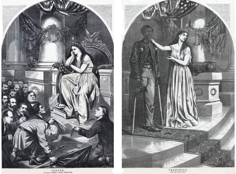 "Pardon and Franchise?" Thomas Nast, Harper's Weekly Magazine, August 5, 1865, zoomable image