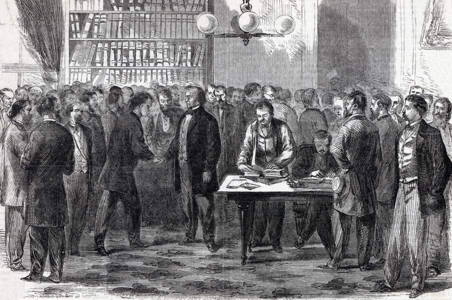 President Andrew Johnson issuing pardons to former Confederates at the White House, October 1865, artist's impression