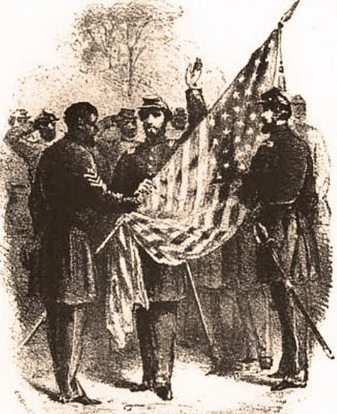 Presentation of Unit Colors to Sergeant Prince Rivers, January 1, 1863, artist's impression.